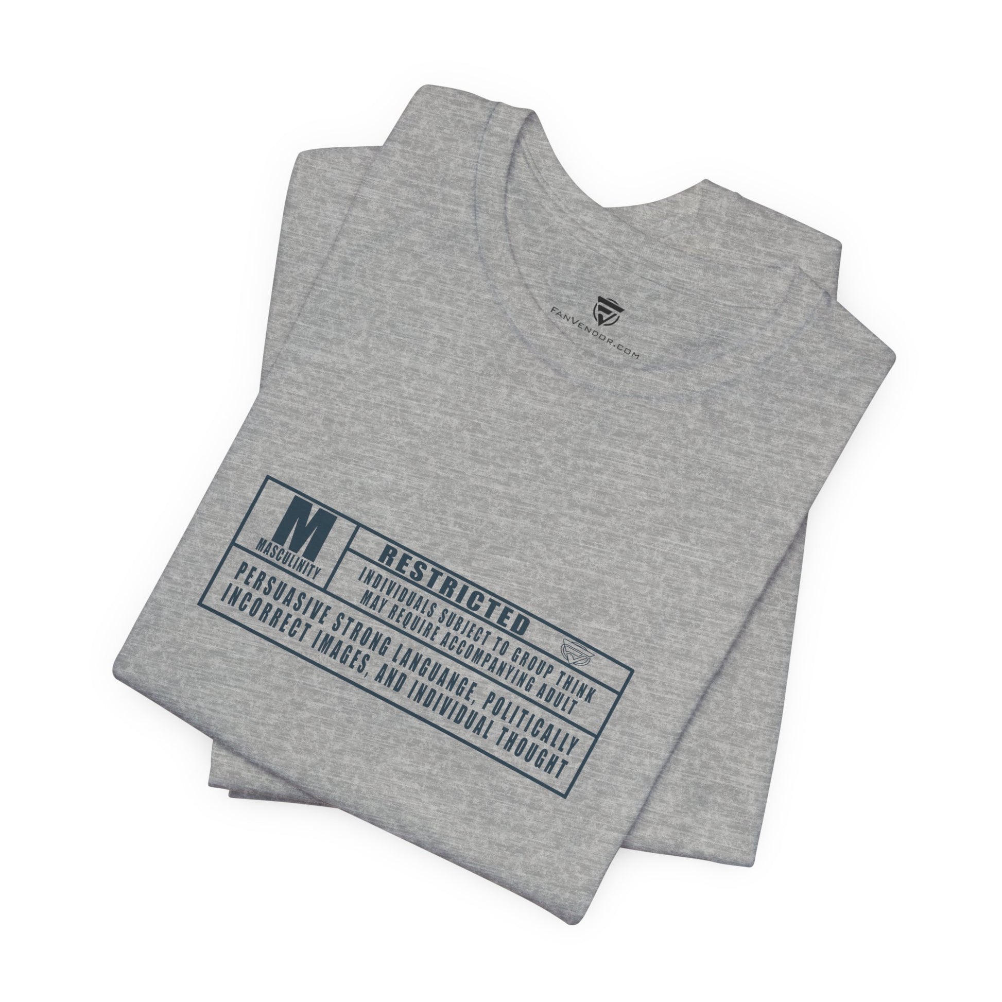 Folded gray t-shirt with text and logo on a white background