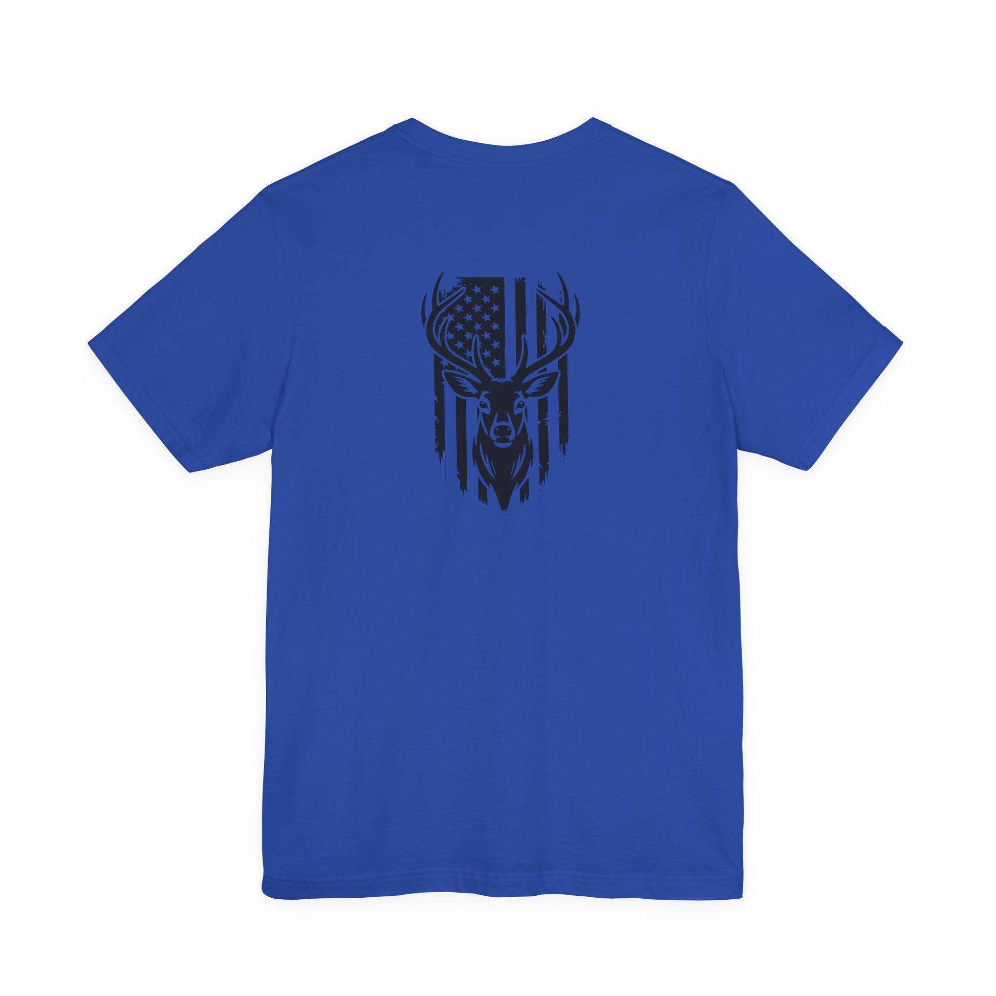 Blue t-shirt with a black deer and American flag design on the back against a white background
