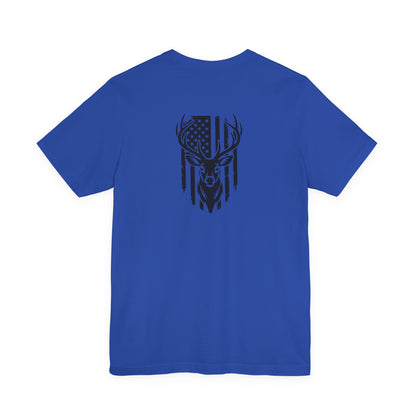 Blue t-shirt with a black deer and American flag design on the back against a white background