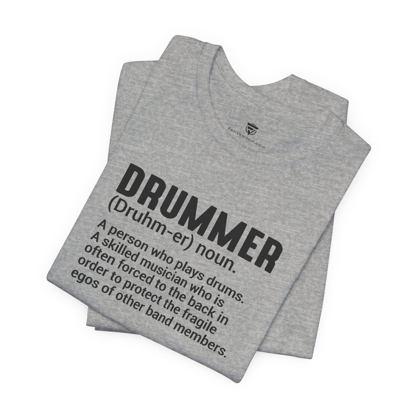 Gray t-shirt with black text defining 'drummer' on a white background