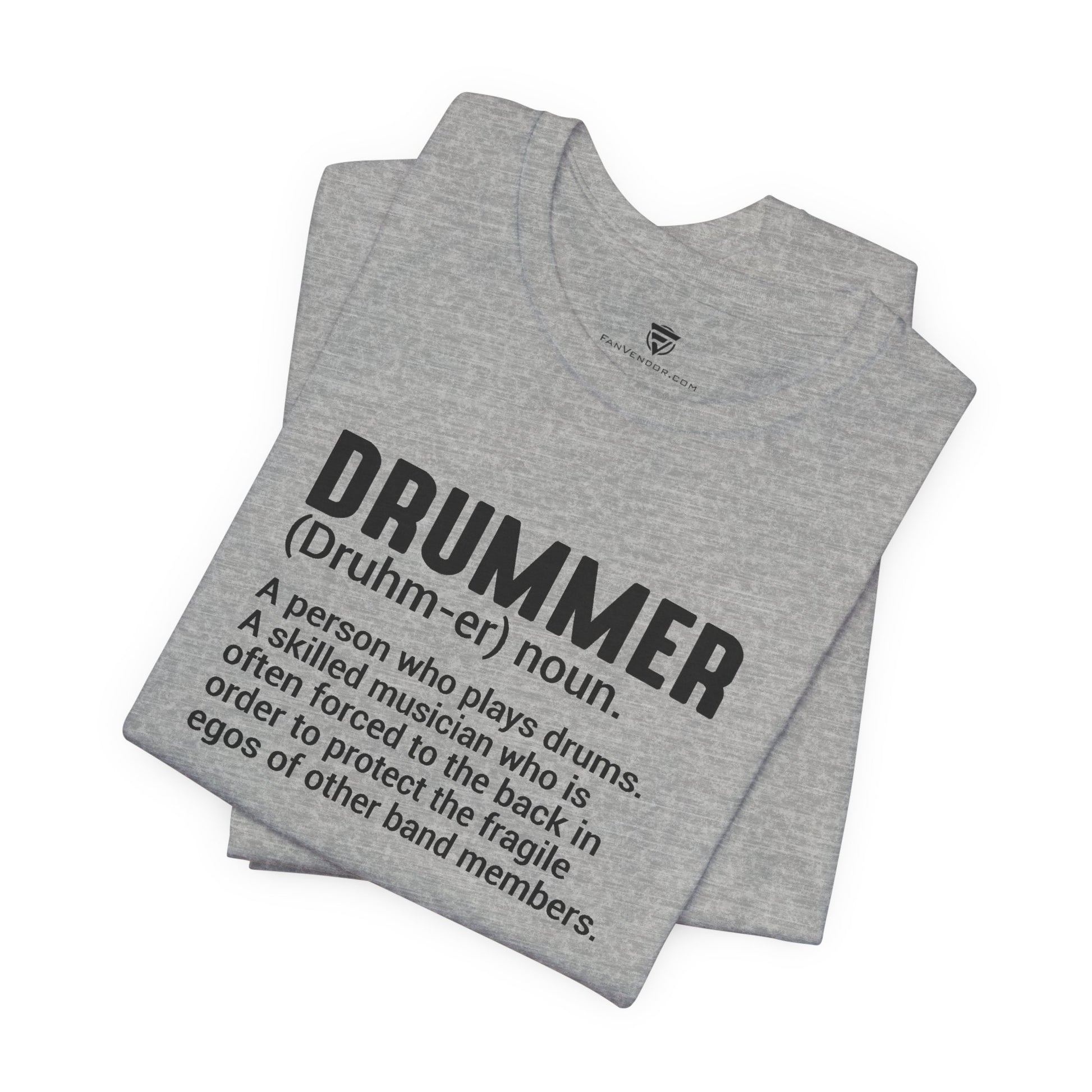 Gray t-shirt with black text defining 'drummer' on a white background