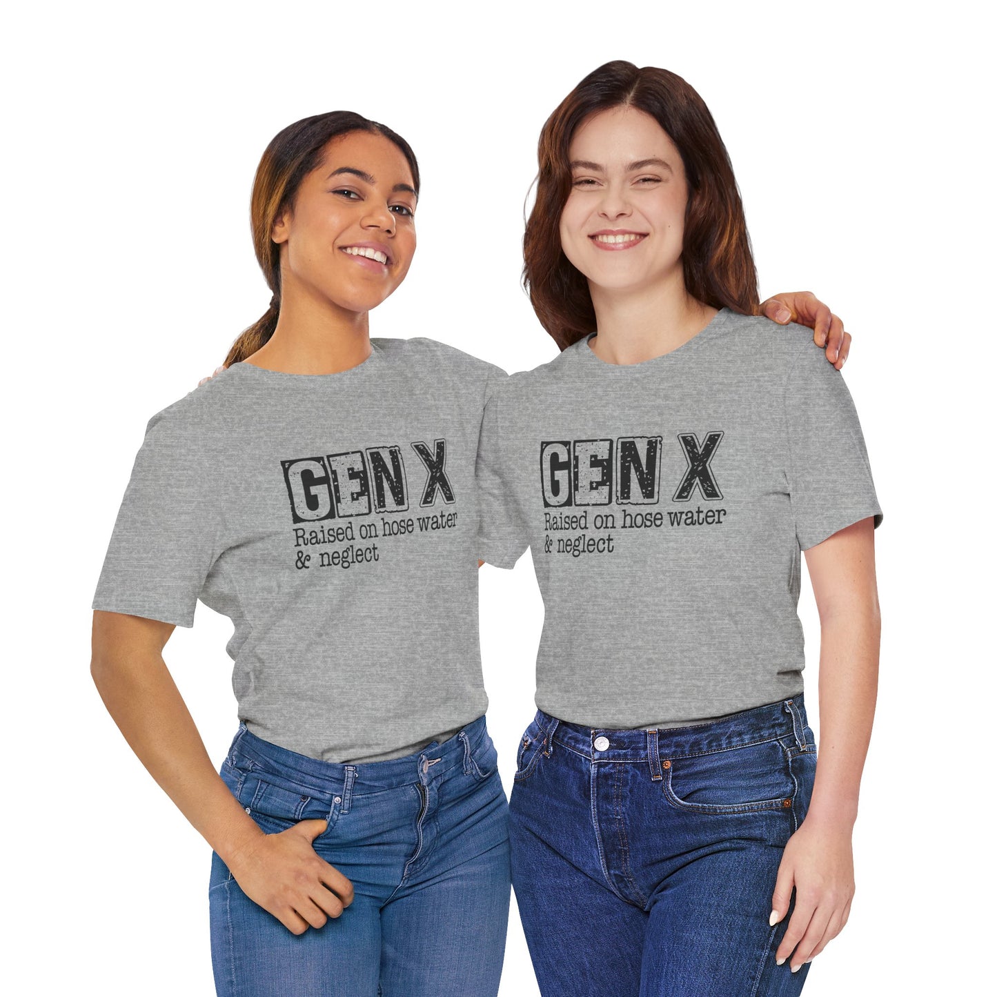 Two people wearing gray t-shirts with 'GEN X' text on a white background