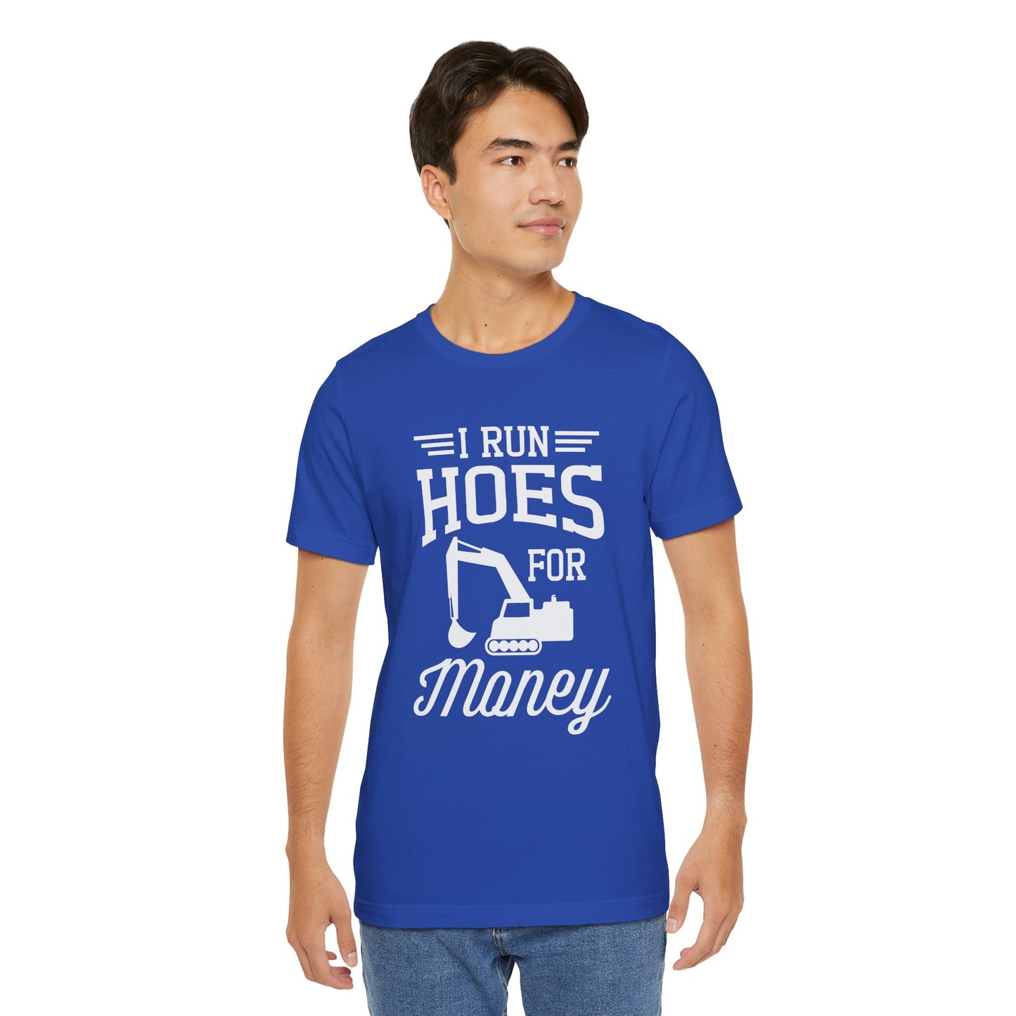 Man wearing a blue t-shirt with white text and graphic on a white background