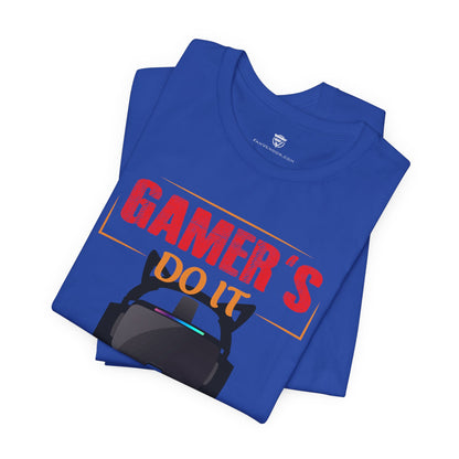 Blue t-shirt with 'GAMER'S DO IT' text and headset graphic on a white background