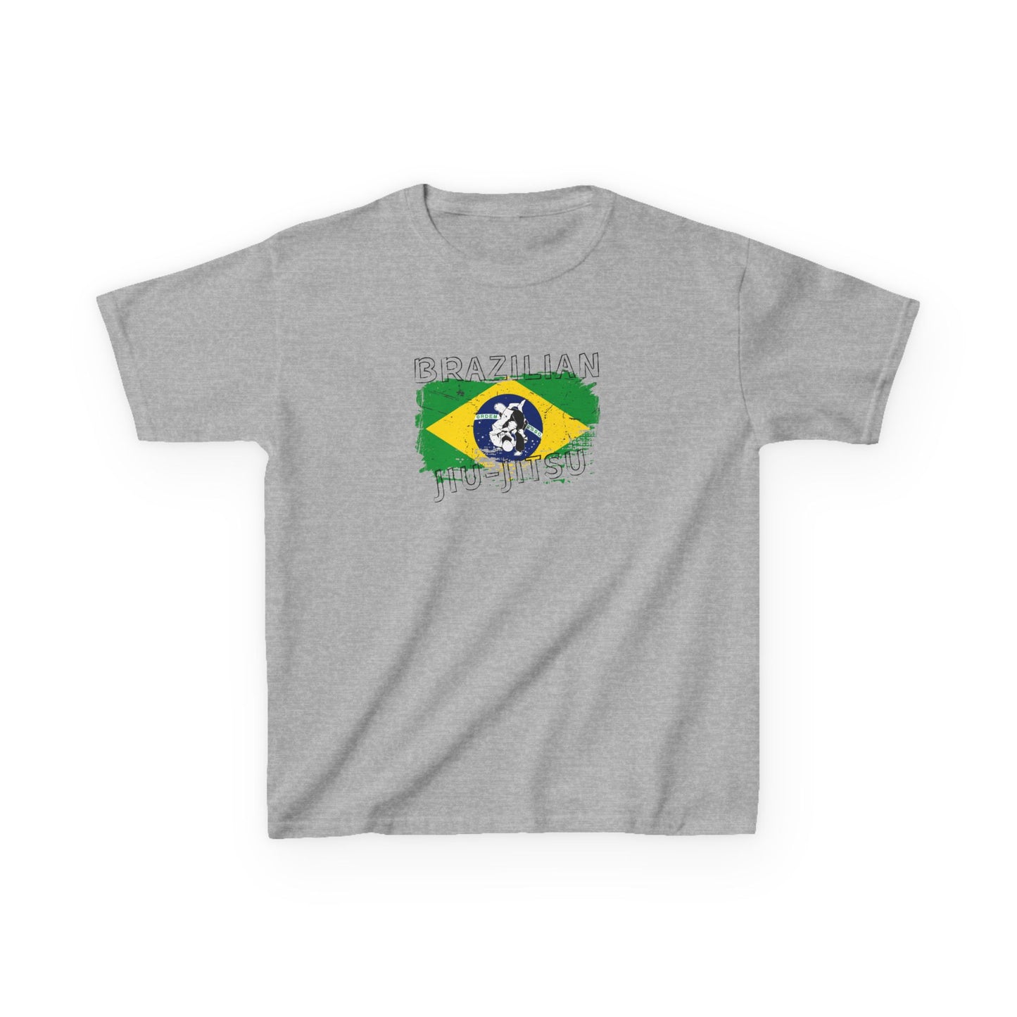 Gray t-shirt with Brazilian flag design on a white background