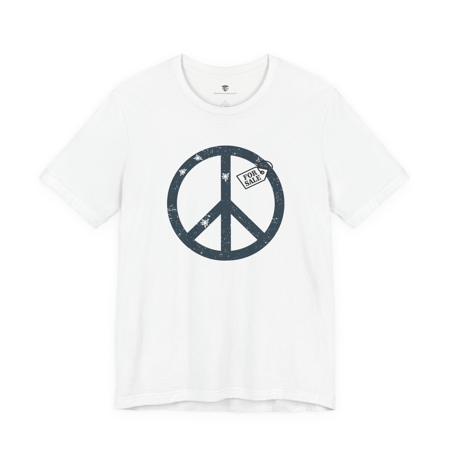 White t-shirt with a blue peace symbol design on a white background