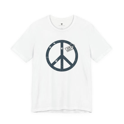 White t-shirt with a blue peace symbol design on a white background
