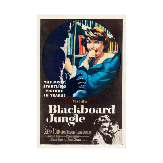 Vintage movie poster for 'Blackboard Jungle' with a woman in a blue dress and text.