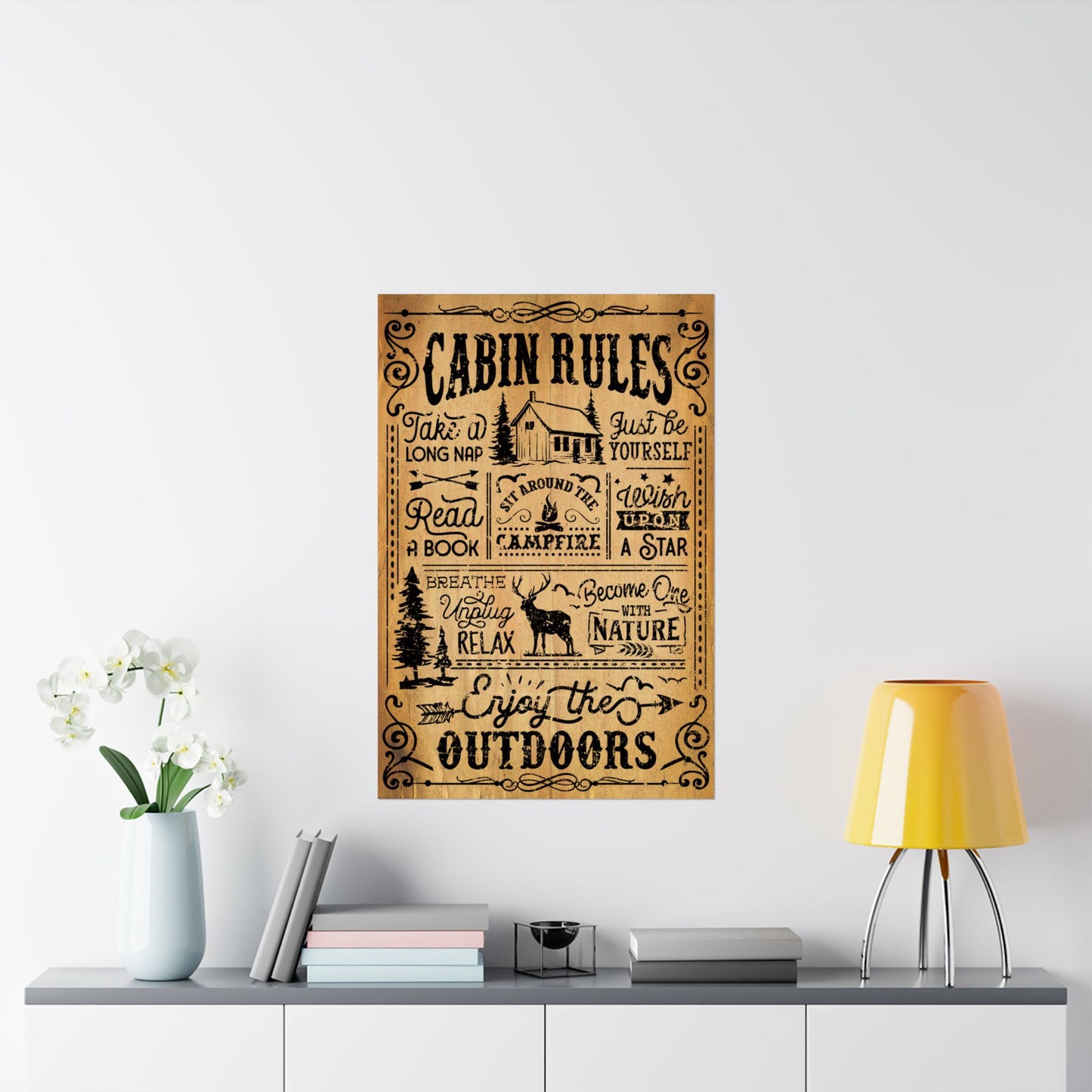 Wooden sign poster with text on a wall above a shelf with decor items.