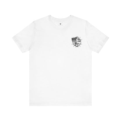 White t-shirt with a black graphic design on a white background