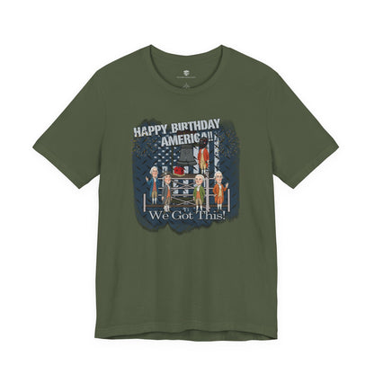Green t-shirt with graphic design and text on a white background