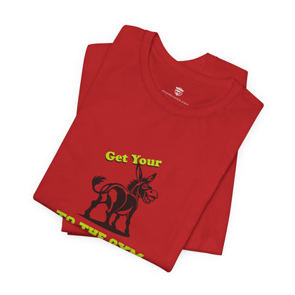 Folded red t-shirt with a graphic design and text on a white background