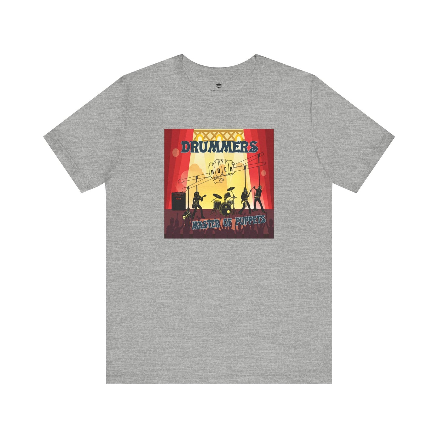 Gray t-shirt with a colorful graphic design on a white background