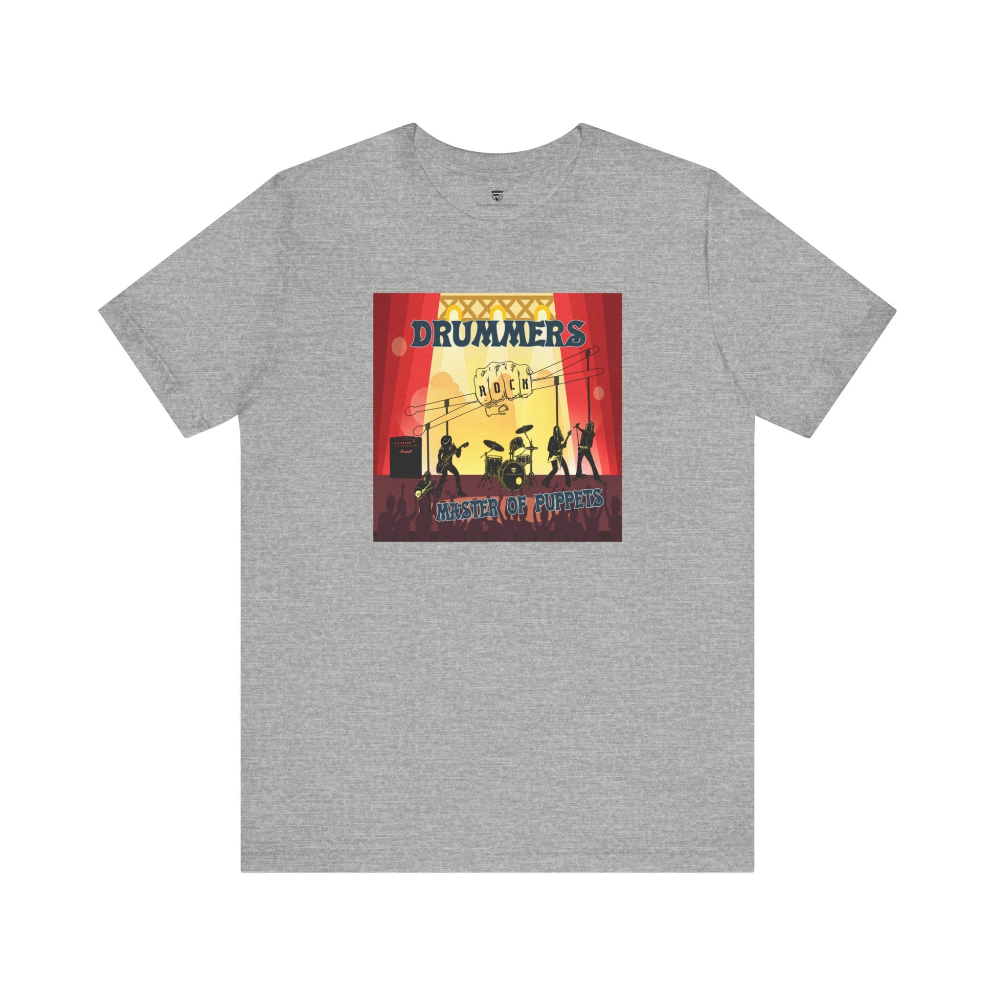 Gray t-shirt with a colorful graphic design on a white background