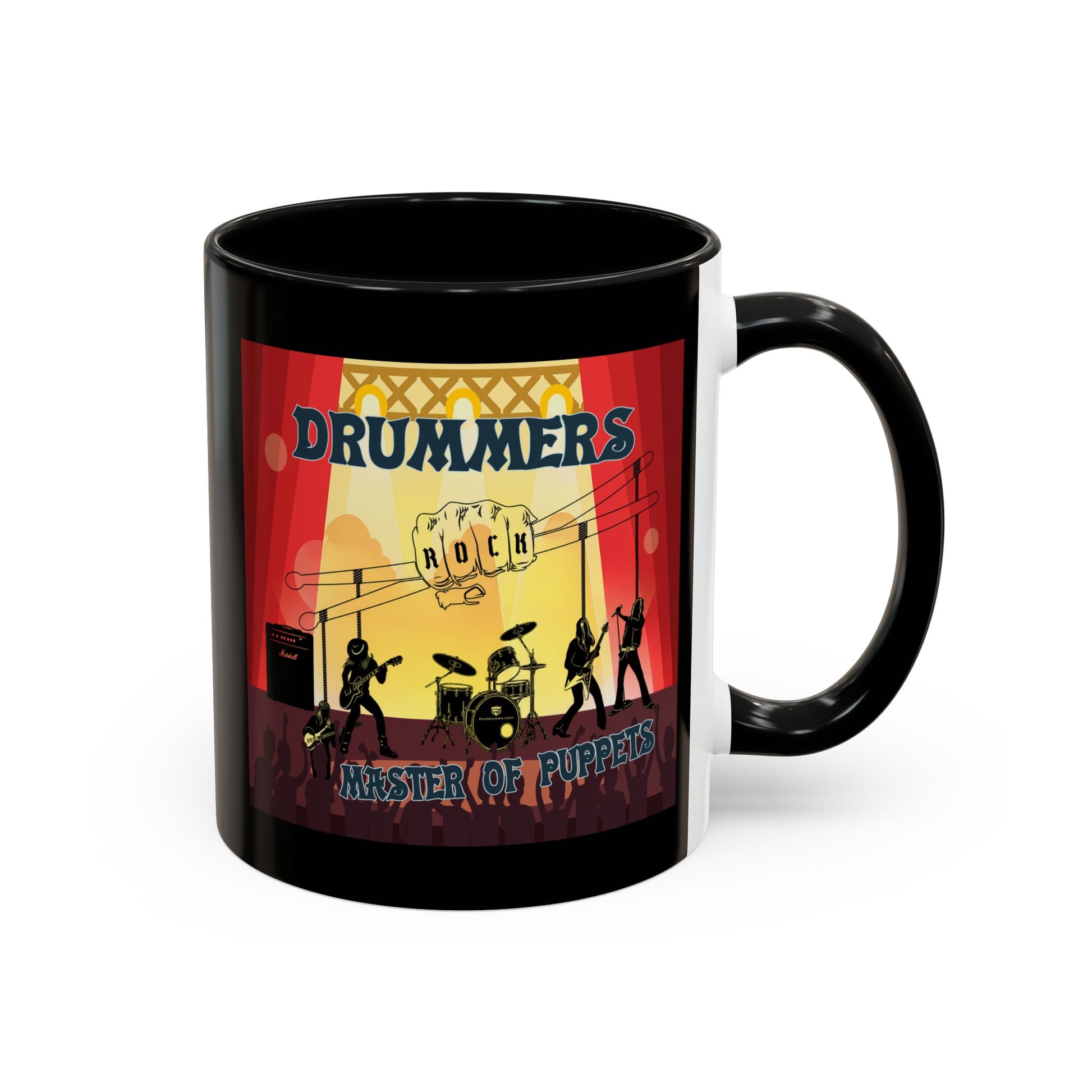 Black mug with a colorful graphic of drummers and text on a white background