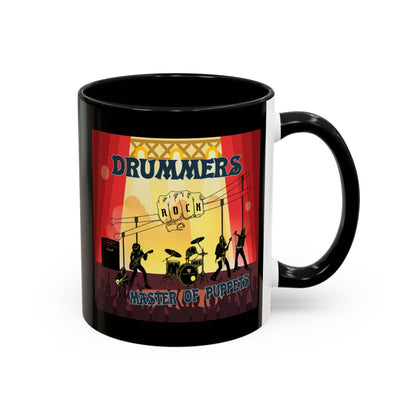 Black mug with a colorful graphic of drummers and text on a white background