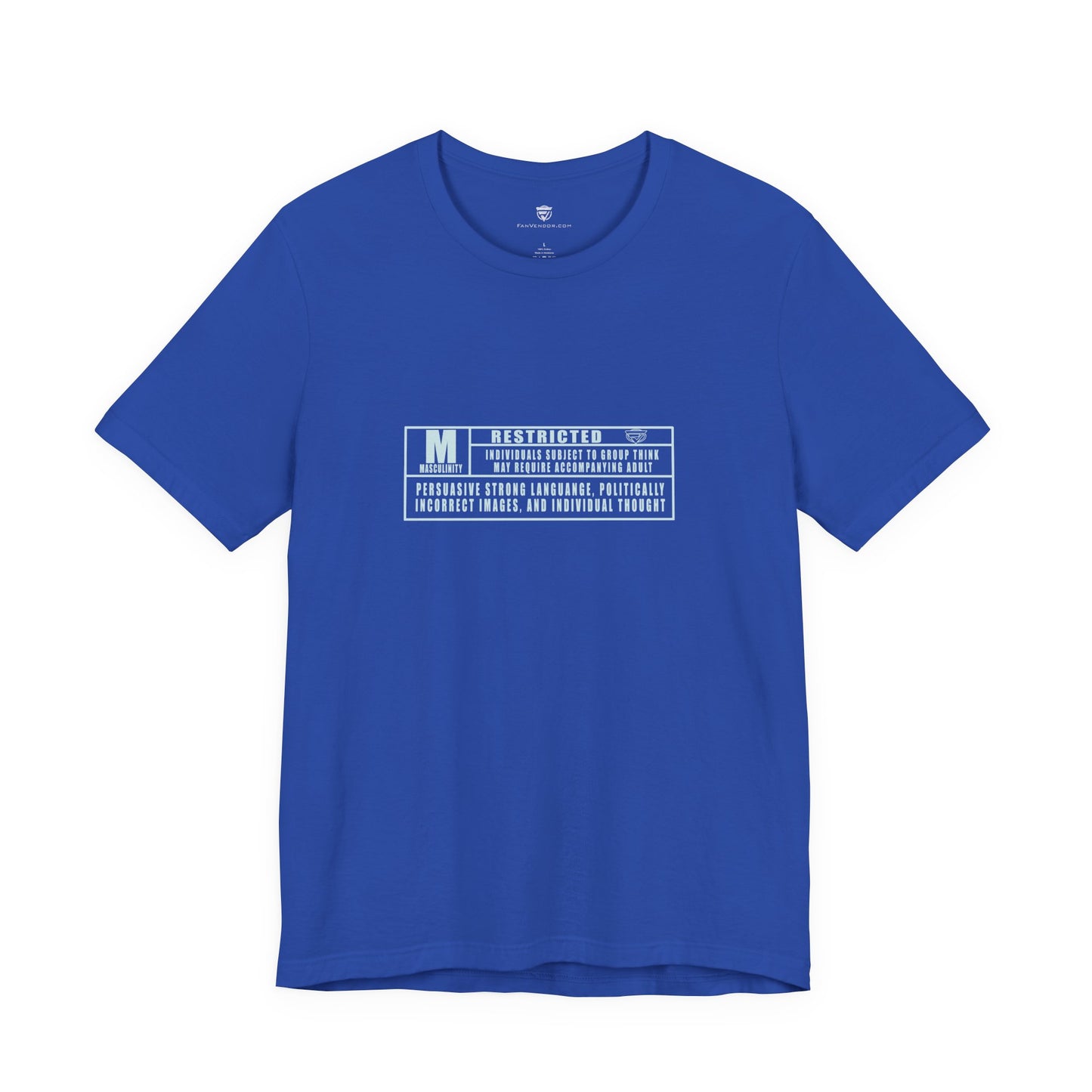 Blue t-shirt with white text on a white background