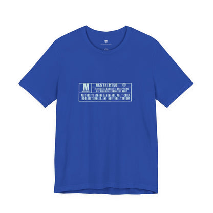 Blue t-shirt with white text on a white background