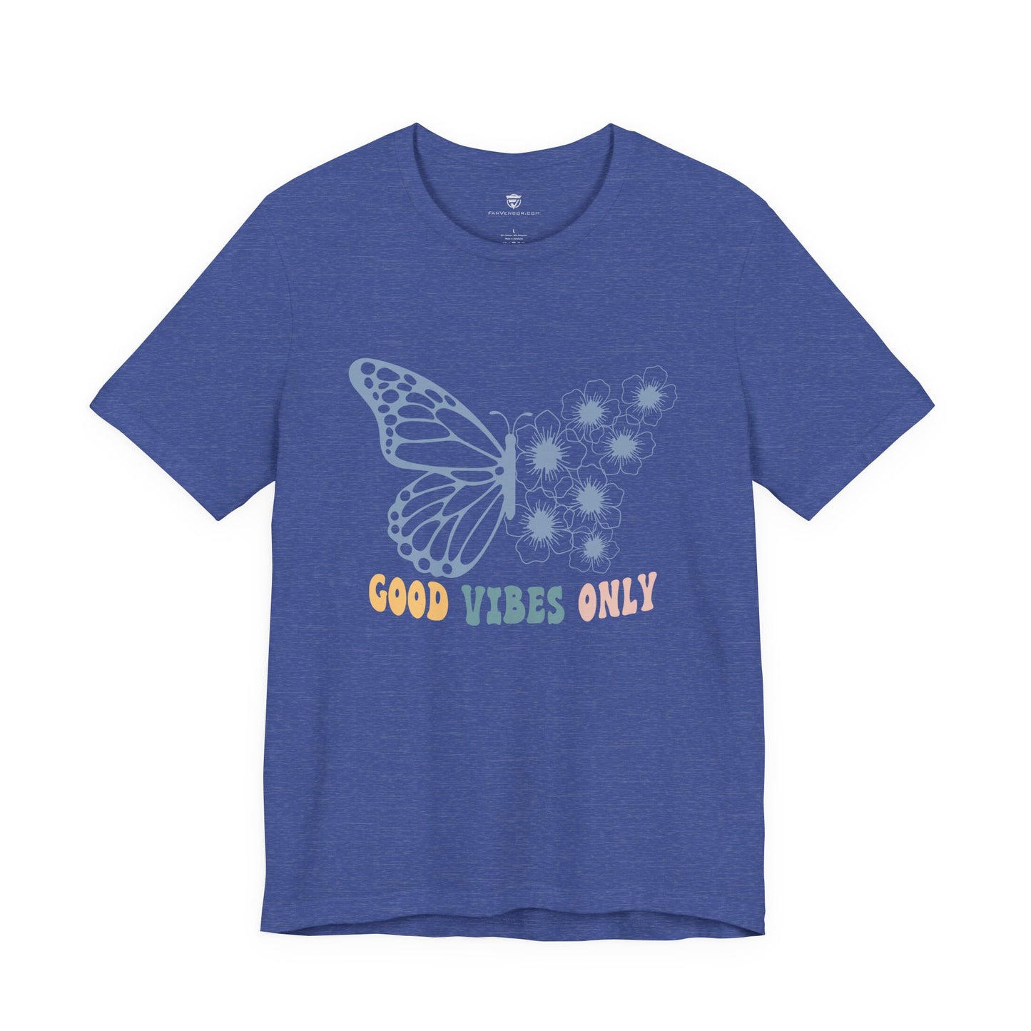 Blue t-shirt with a butterfly graphic and text on a white background