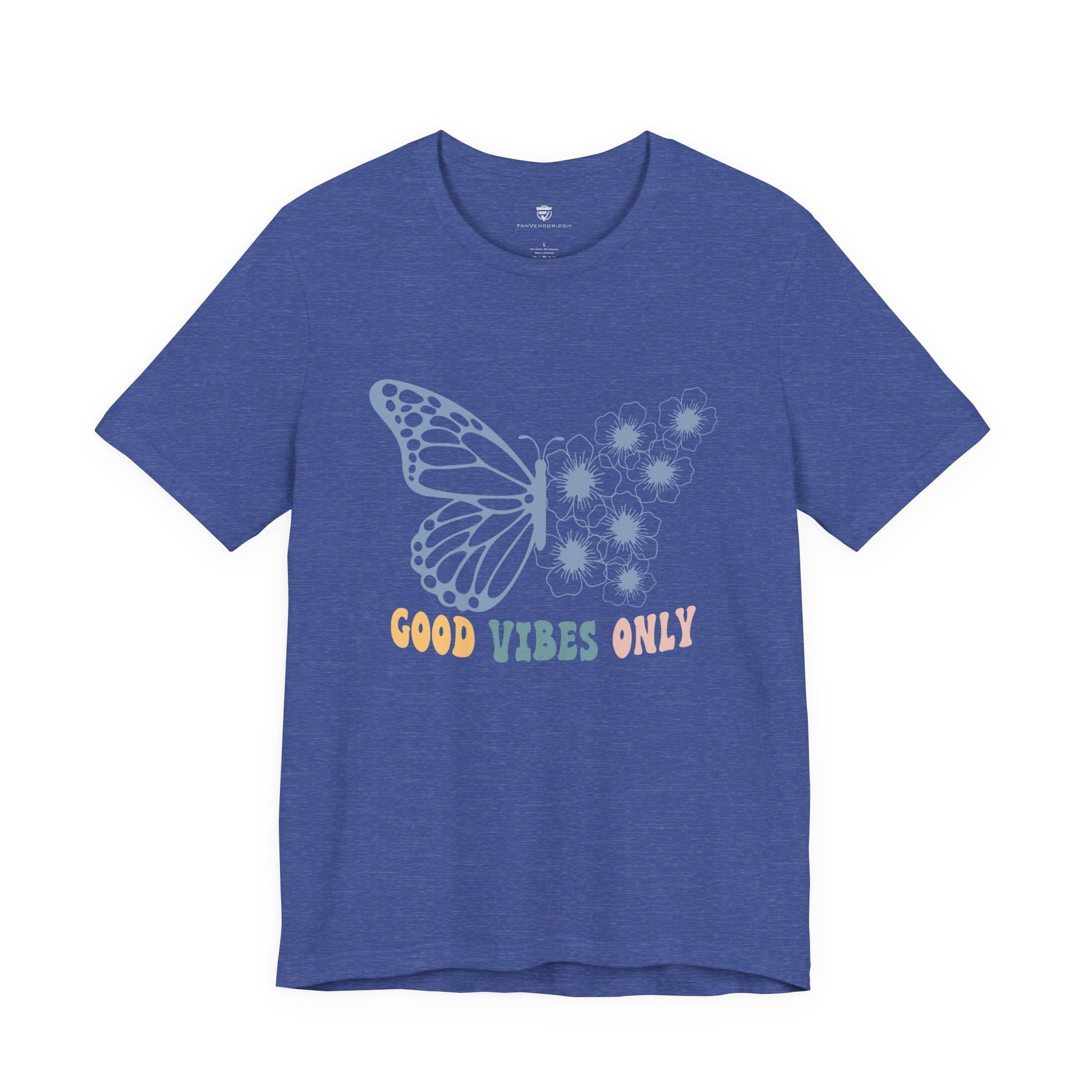 Blue t-shirt with a butterfly graphic and text on a white background