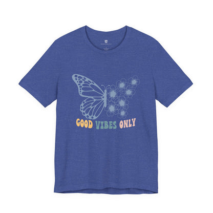 Blue t-shirt with a butterfly graphic and text on a white background