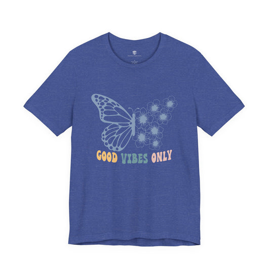 Blue t-shirt with a butterfly graphic and text on a white background
