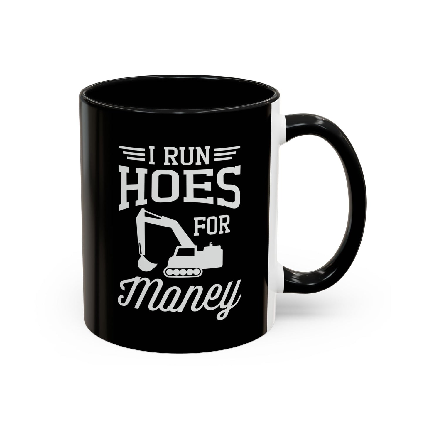 Black mug with white text and graphic design on a white background
