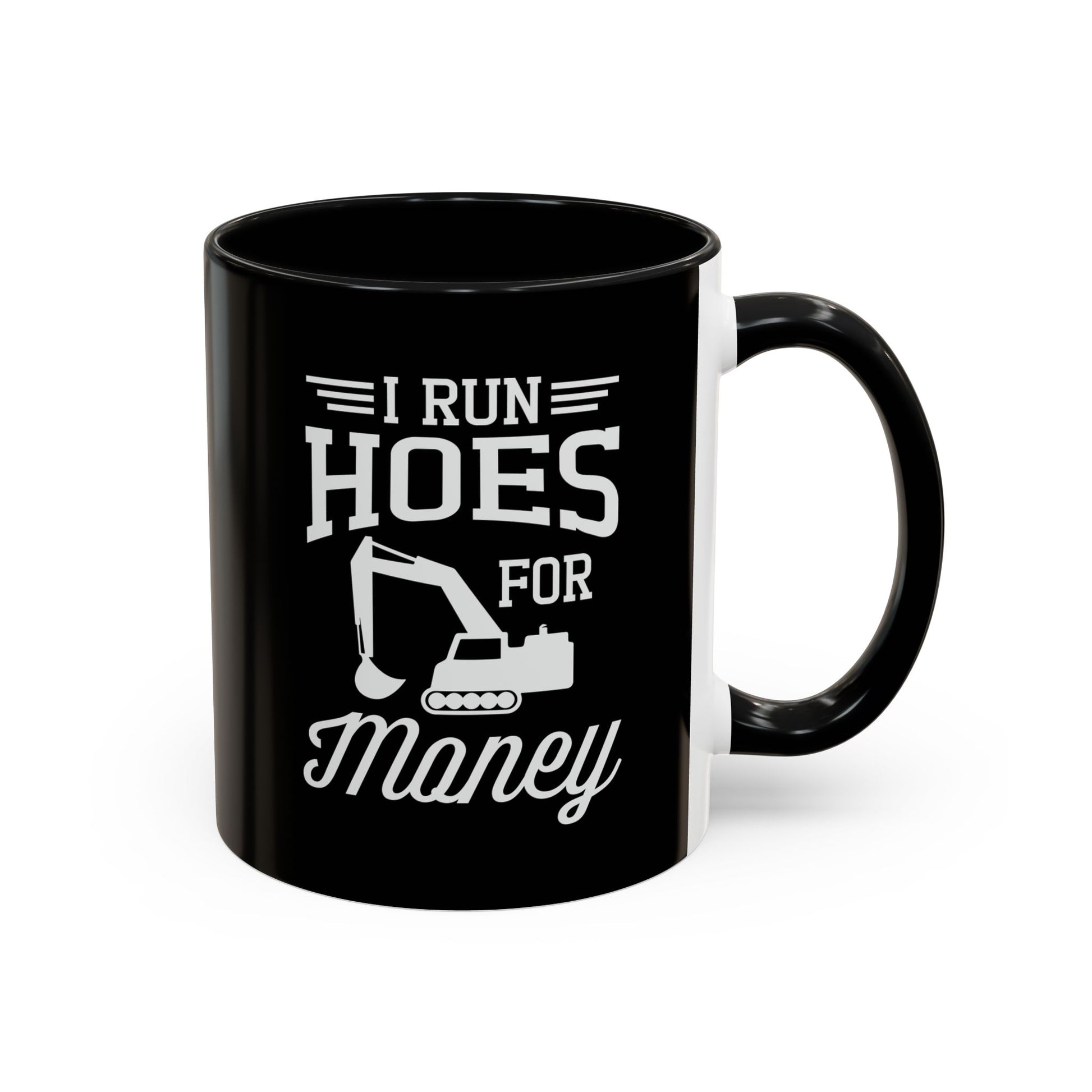 Black mug with white text and graphic design on a white background
