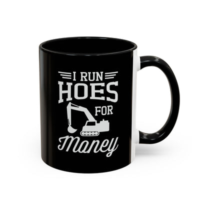 Black mug with white text and graphic design on a white background