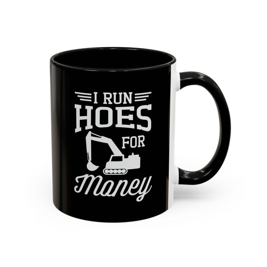 Black mug with white text and graphic design on a white background