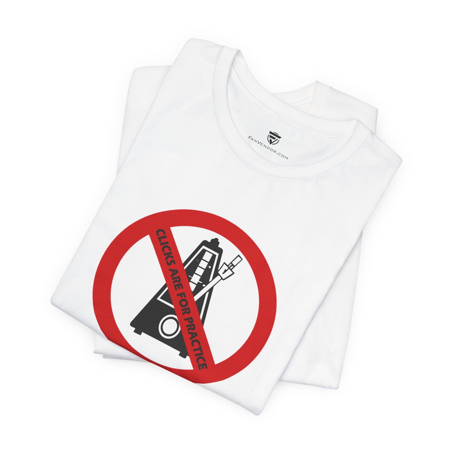 White t-shirt with a red prohibition sign graphic on a white background