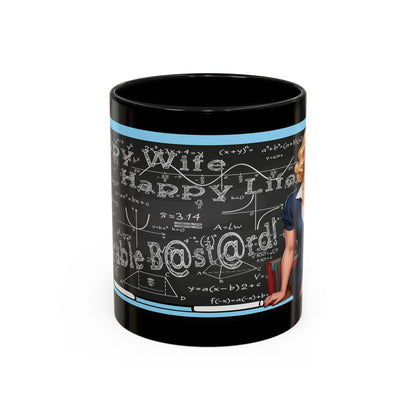 A black ceramic mug featuring a humorous chalkboard-style graphic with white equations and text, bordered by light blue stripes, with a partial illustration of a woman on the right side.