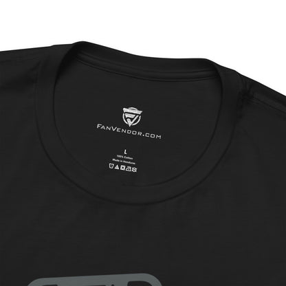 Black t-shirt with 'Fanvendor.com' logo and text on the collar.