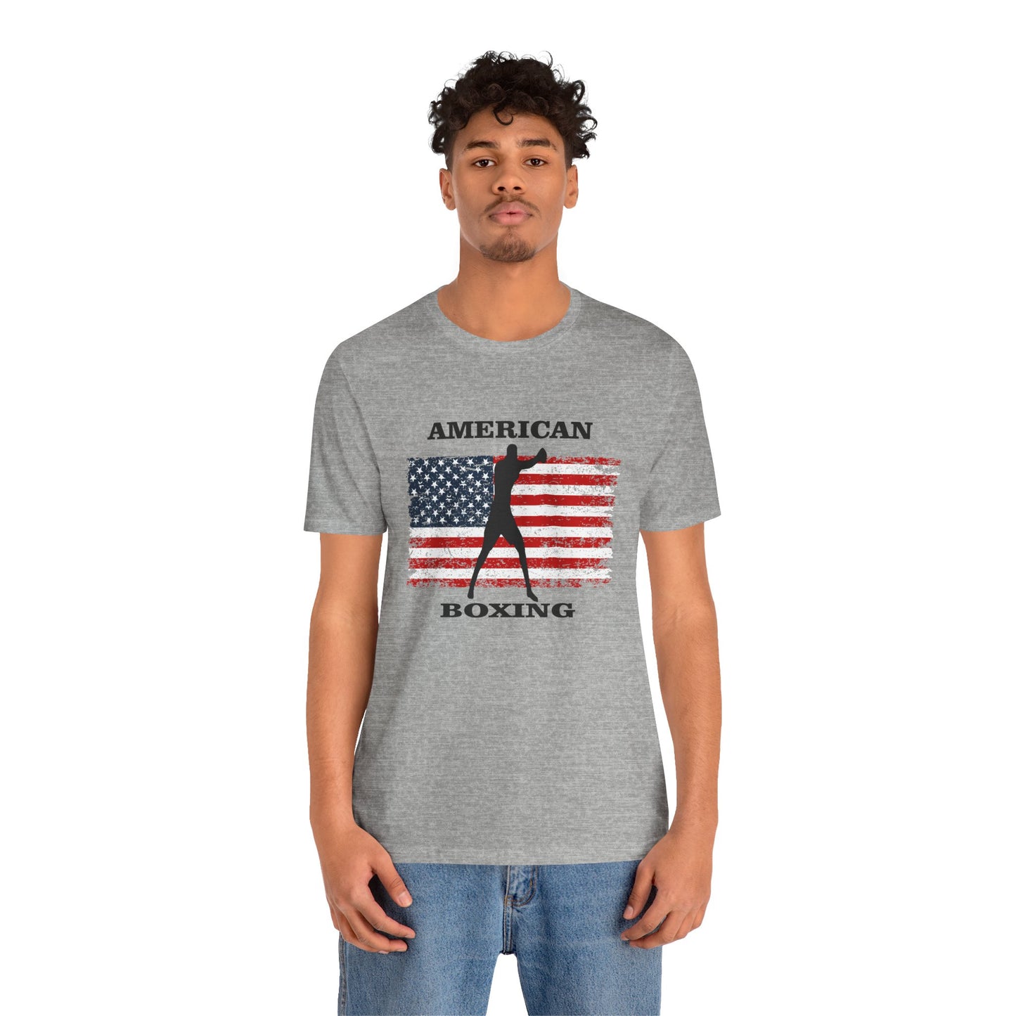 Person wearing a gray t-shirt with 'American Boxing' design on a white background