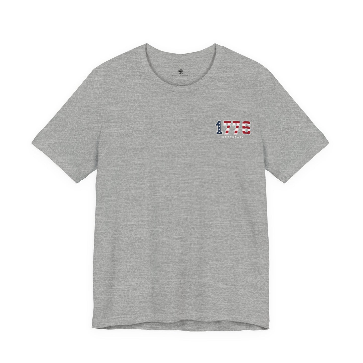 Gray t-shirt with a small logo on a white background