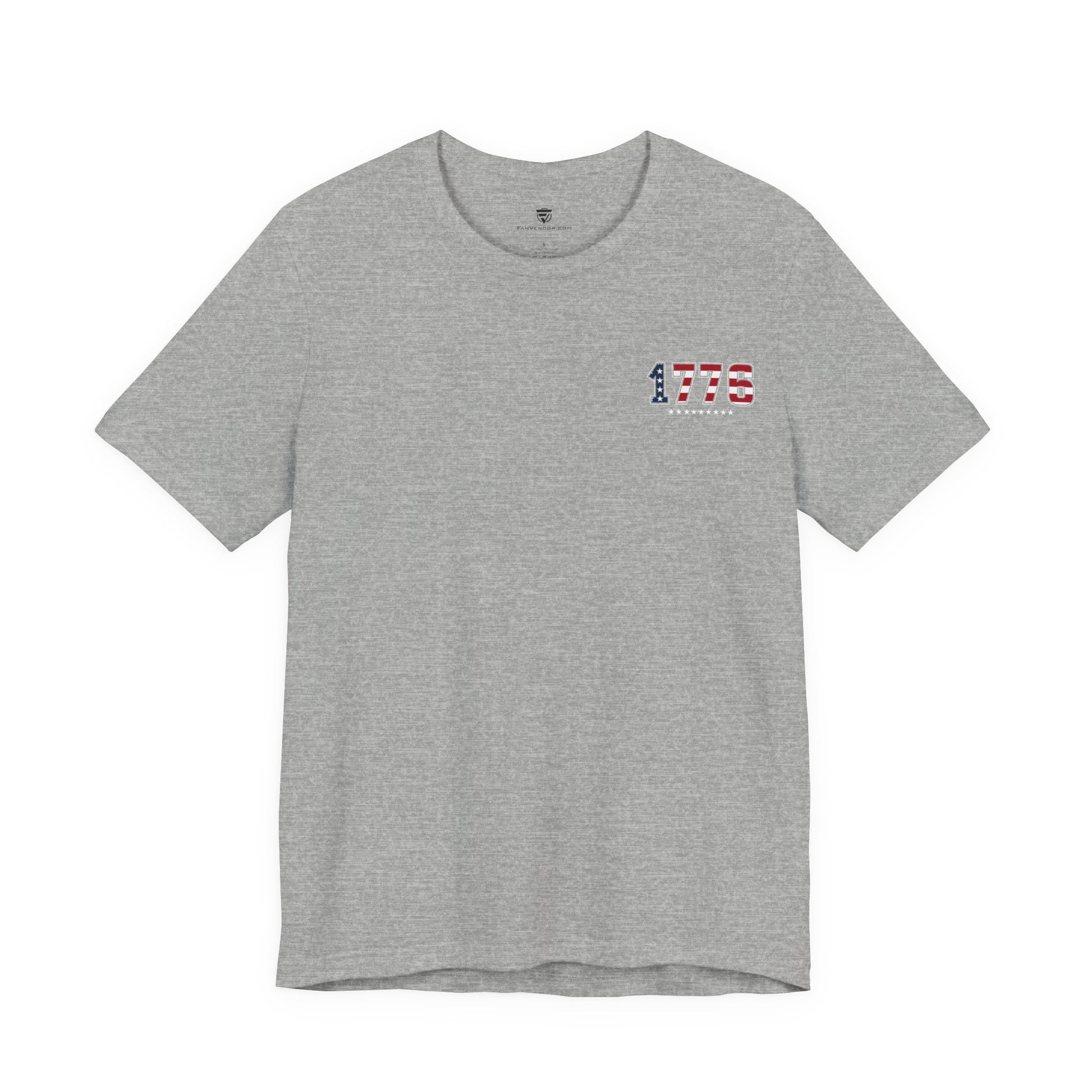 Gray t-shirt with a small logo on a white background