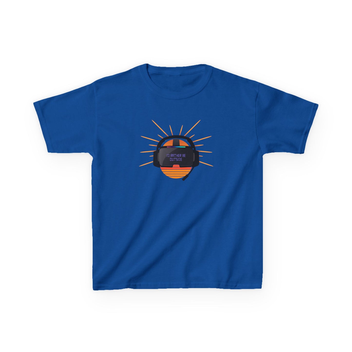 Blue t-shirt with a sun graphic on a white background