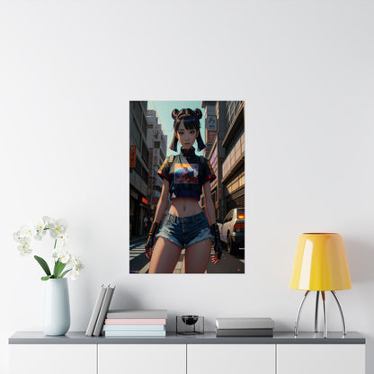 Poster of a character in a city street on a wall above a shelf with decor items.