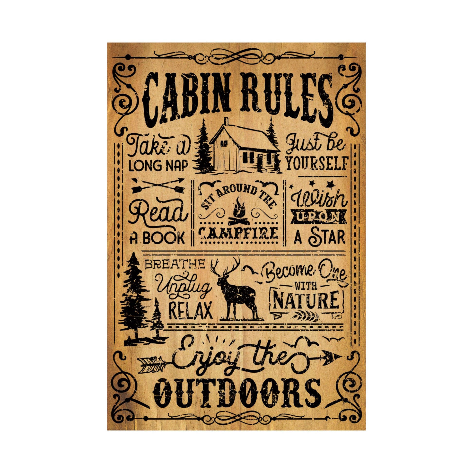 Decorative sign with 'Cabin Rules' text and illustrations on a white background