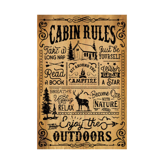 Decorative sign with 'Cabin Rules' text and illustrations on a white background