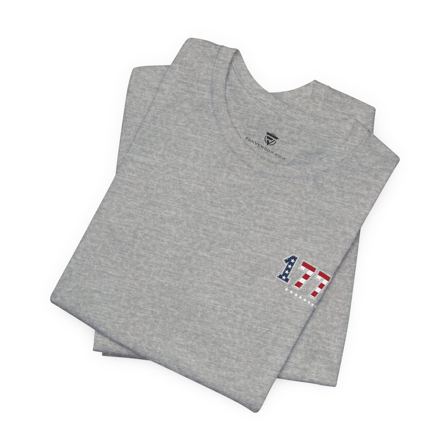 Folded grey t-shirt with 1776 design and Fan Vendor logo in background