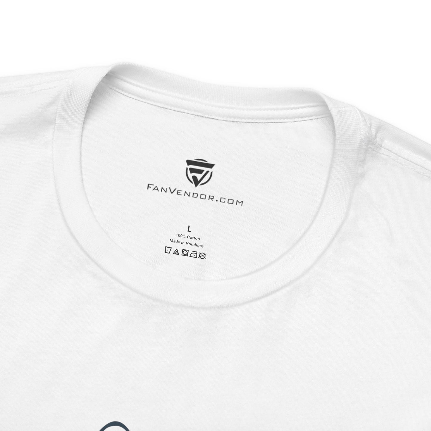 White t-shirt with 'Fanvendor.com' logo and text on a white background