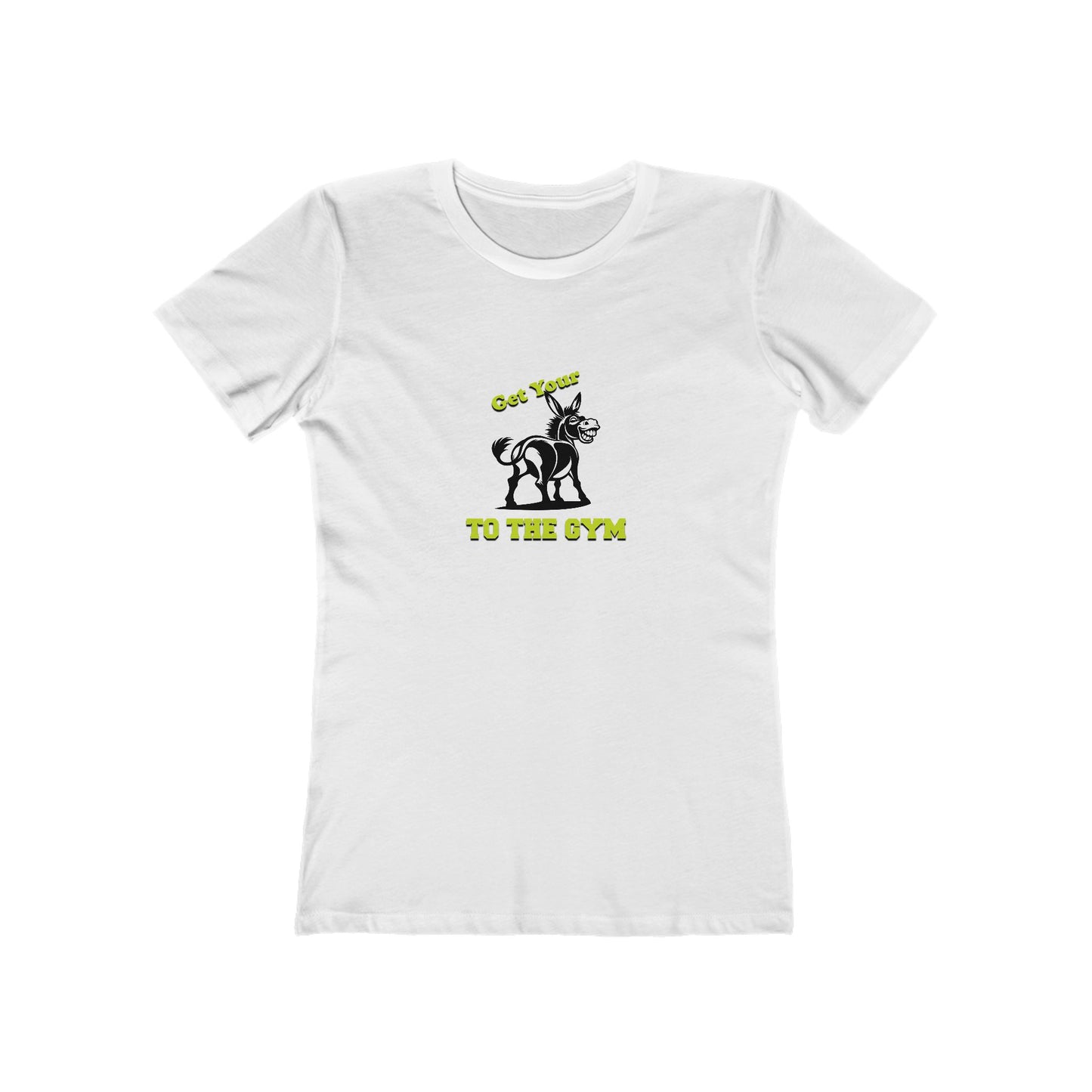 White t-shirt with black and green graphic and text on a white background