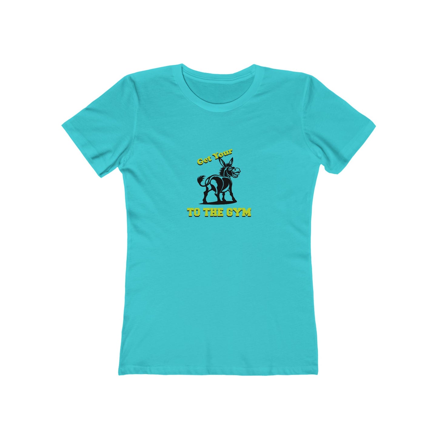 Turquoise t-shirt with graphic design and text on a white background