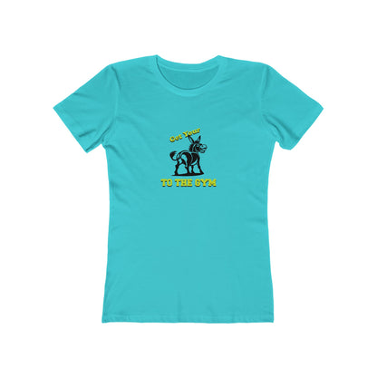 Turquoise t-shirt with graphic design and text on a white background