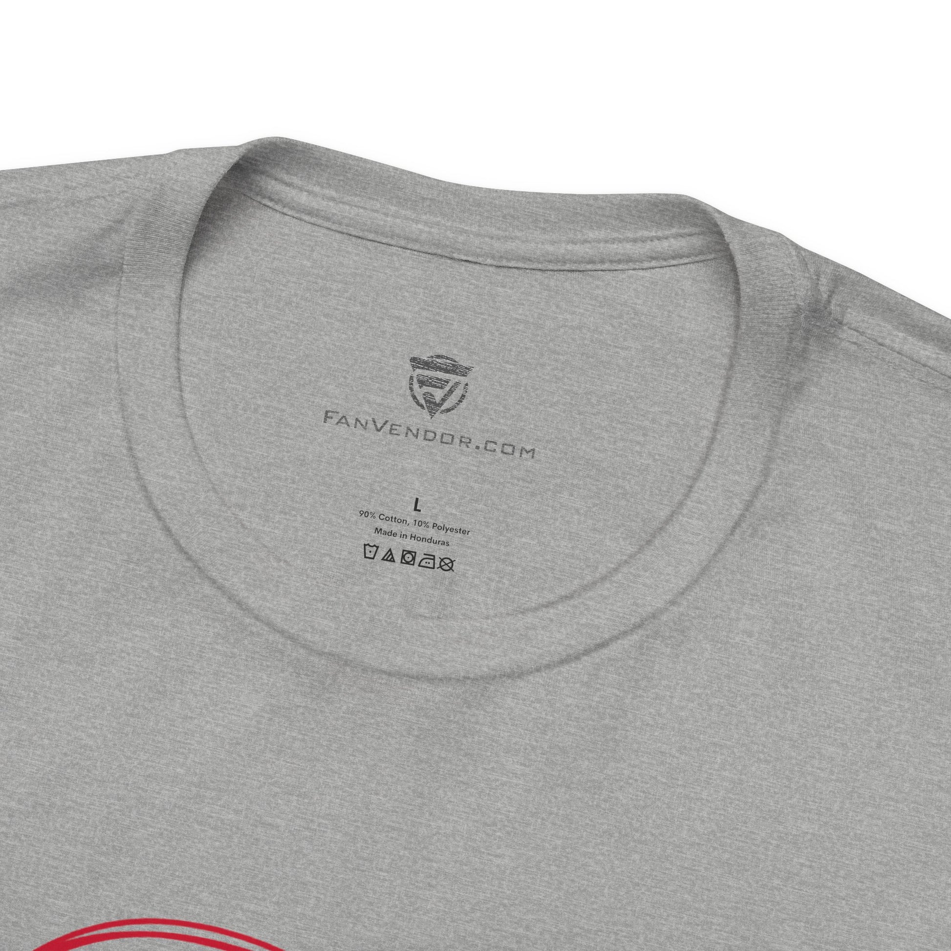 Gray t-shirt with 'Fanvendor.com' logo and text on the collar.