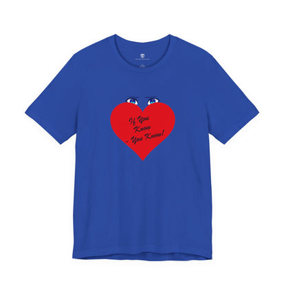 Blue t-shirt with a red heart graphic and text on a white background
