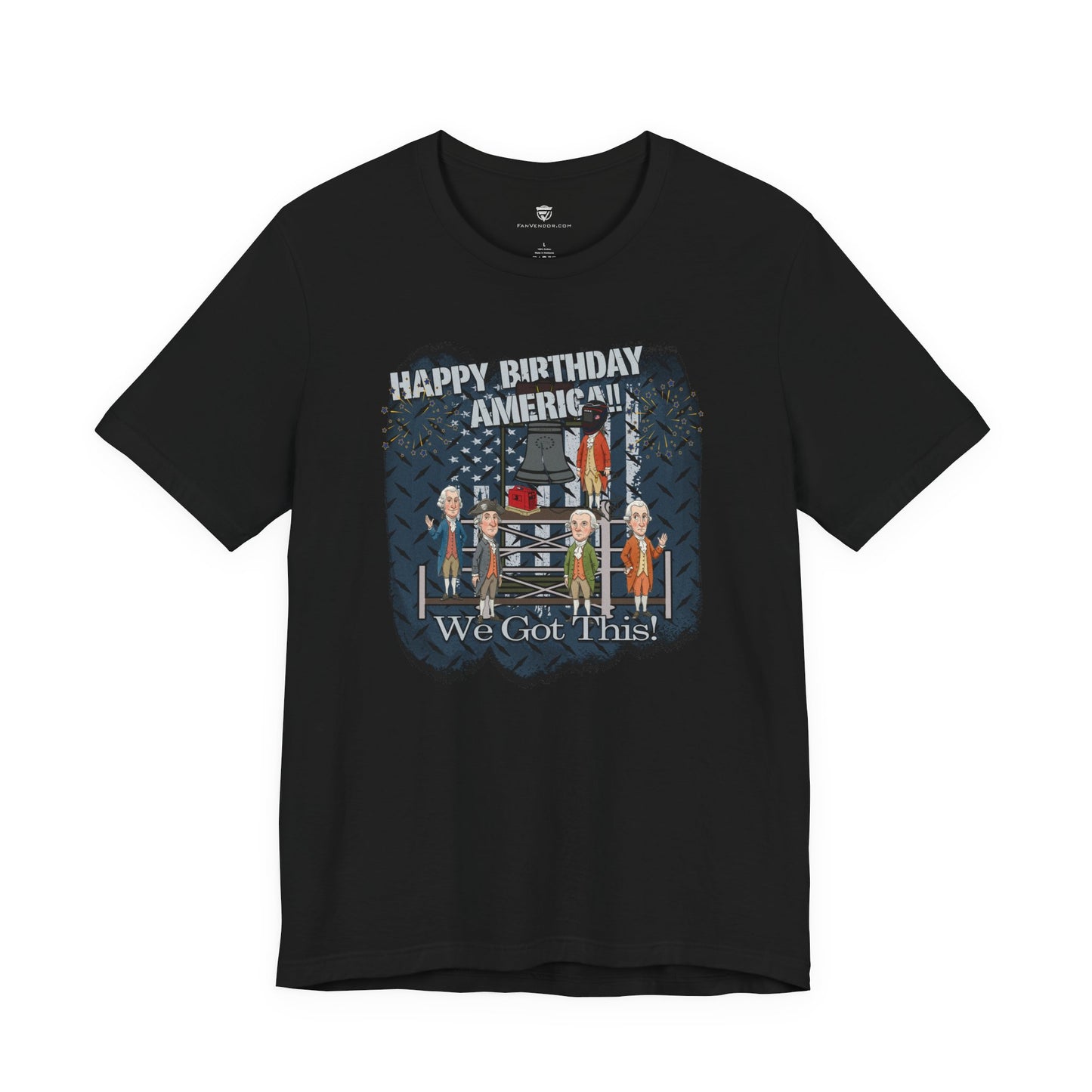 Black t-shirt with graphic design and text on a white background