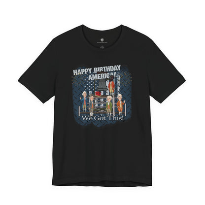Black t-shirt with graphic design and text on a white background