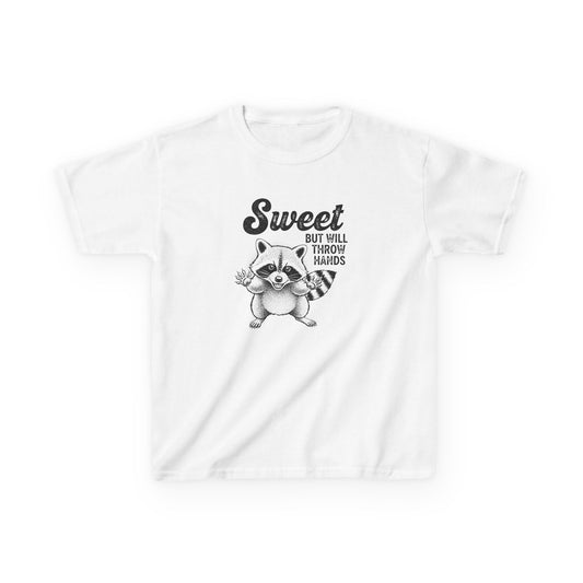 White t-shirt with a raccoon graphic and text on a white background